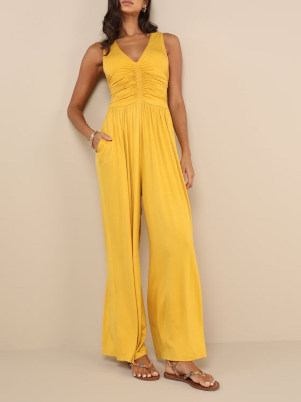 Lulus Breezy Fascination Mustard Yellow Ruched Cutout Jumpsuit - Size M